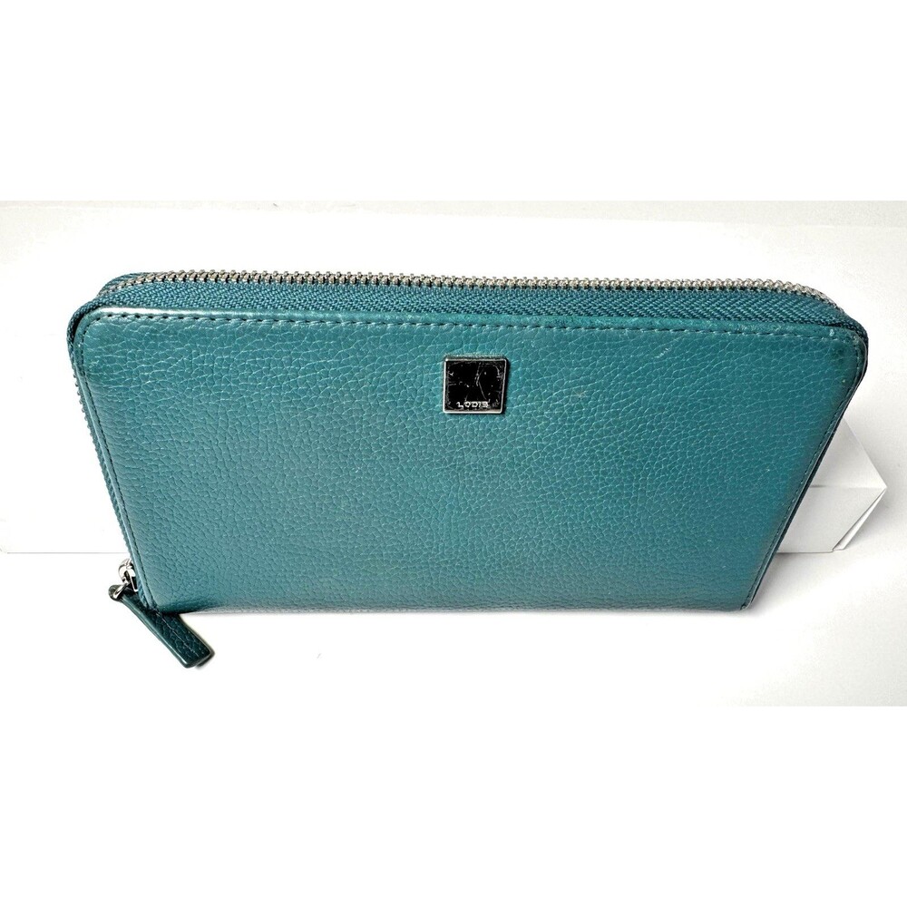 Lodis Teal Pebbled Leather Zip Around Wallet Organizer Clutch Blue Green Teal